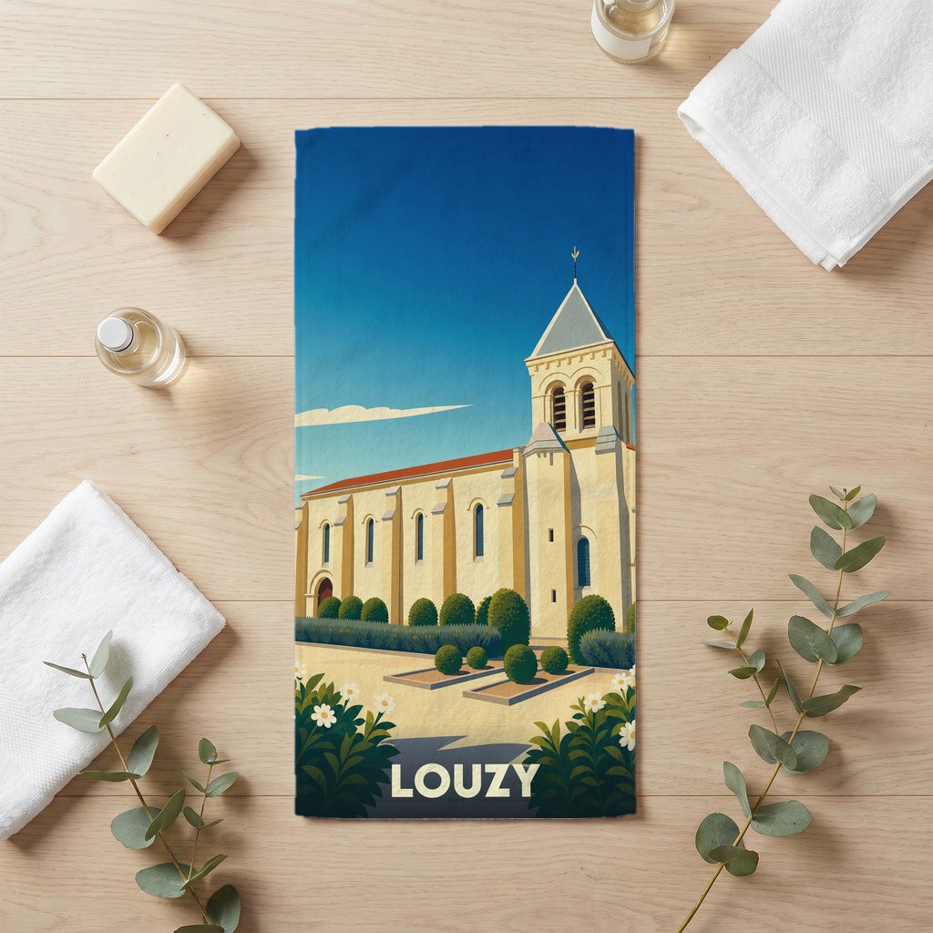 Serviette de bain souvenir de la ville de Louzy avec une illustration stylisée de son église.