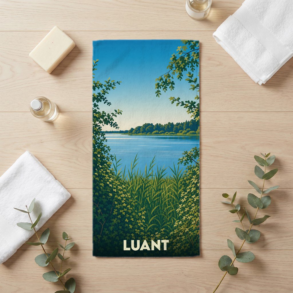 Serviette de bain souvenir de la ville de Luant avec une illustration stylisée de paysage lacustre.