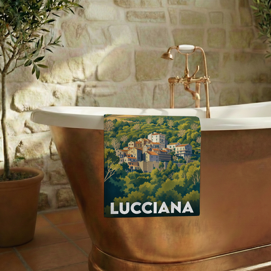 Serviette de bain souvenir de la ville de Lucciana avec une illustration stylisée de son paysage urbain.