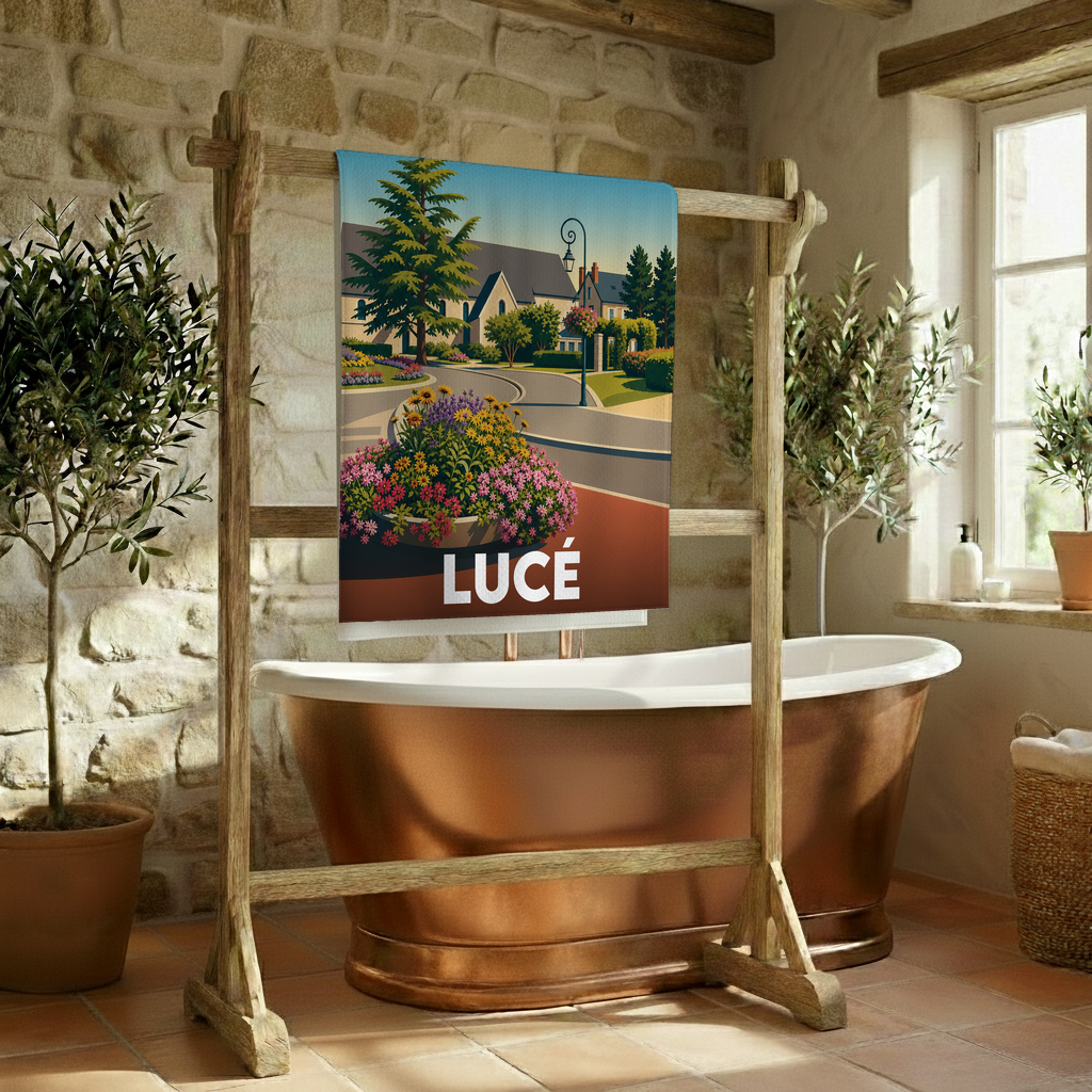 Serviette de bain souvenir de la ville de Lucé avec une illustration stylisée et fleurie.