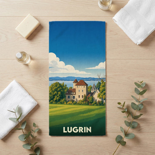 Serviette de bain souvenir de la ville de Lugrin avec une illustration de paysage stylisée.