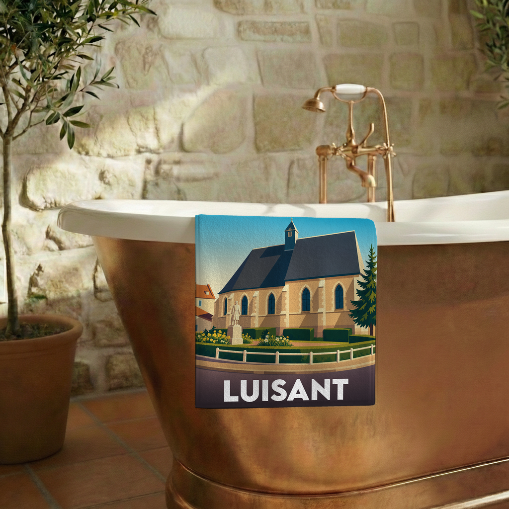 Serviette de bain souvenir de la ville de Luisant avec une illustration stylisée.