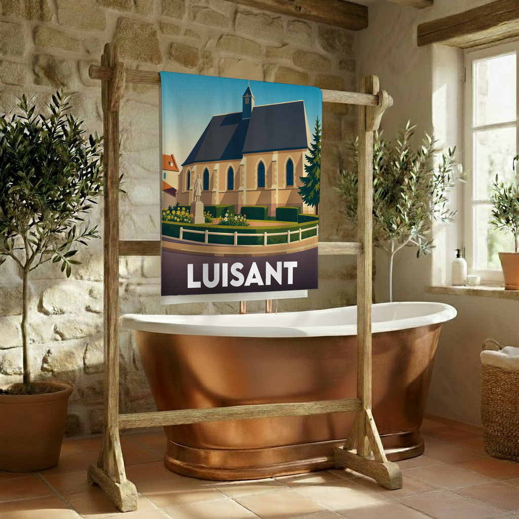 Serviette de bain souvenir de la ville de Luisant avec une illustration stylisée de son église.
