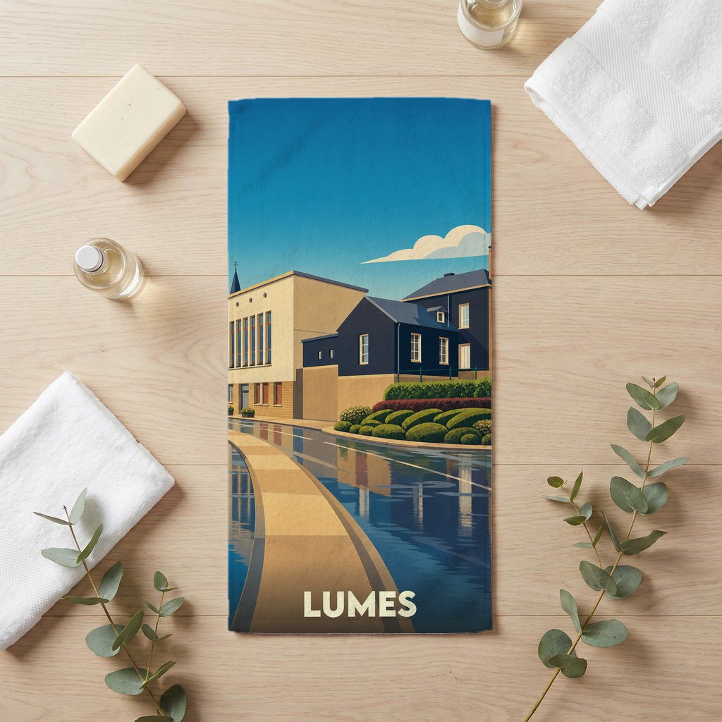 Serviette de bain souvenir de la ville de Lumes avec une illustration stylisée.