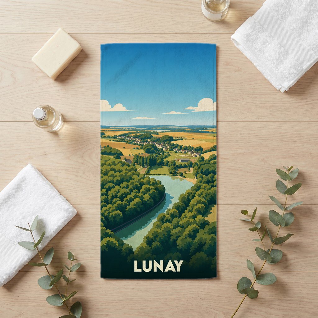 Serviette de bain souvenir de la ville de Lunay avec une illustration paysagère stylisée.