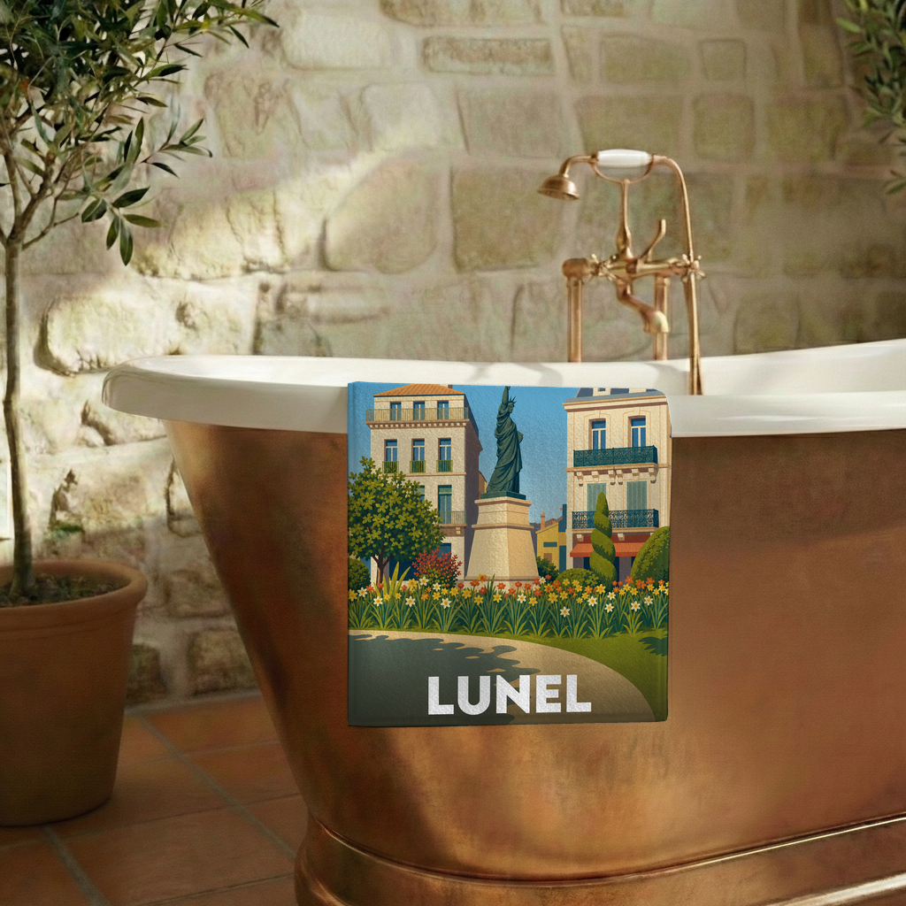 Serviette de bain souvenir de la ville de Lunel avec une illustration stylisée.