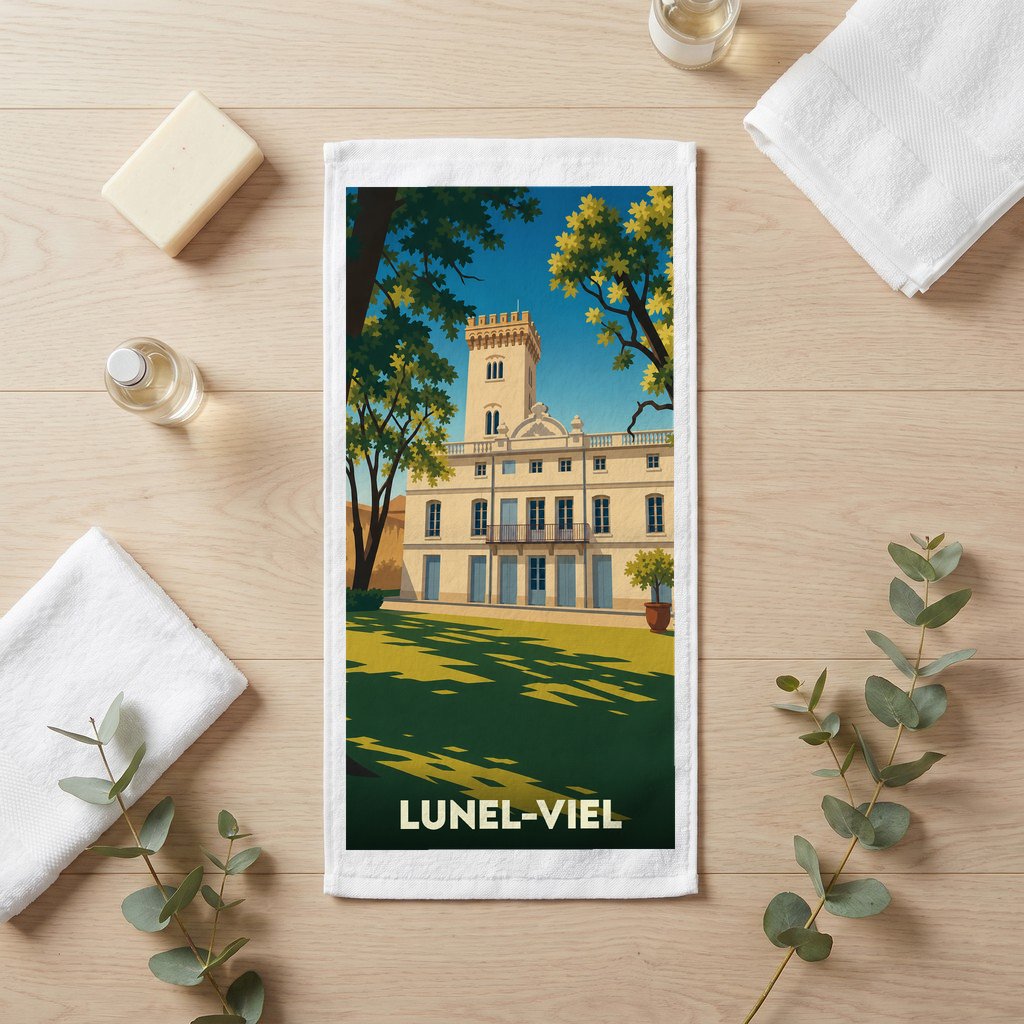 Serviette de bain souvenir de la ville de Lunel-Viel avec une illustration stylisée.