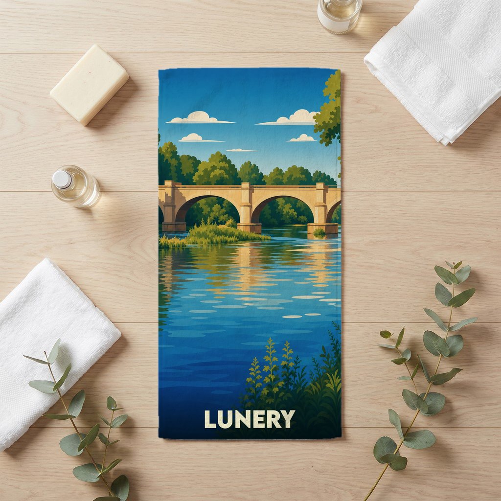 Serviette de bain souvenir de la ville de Lunery illustrée par un pont en pierre surplombant une rivière.