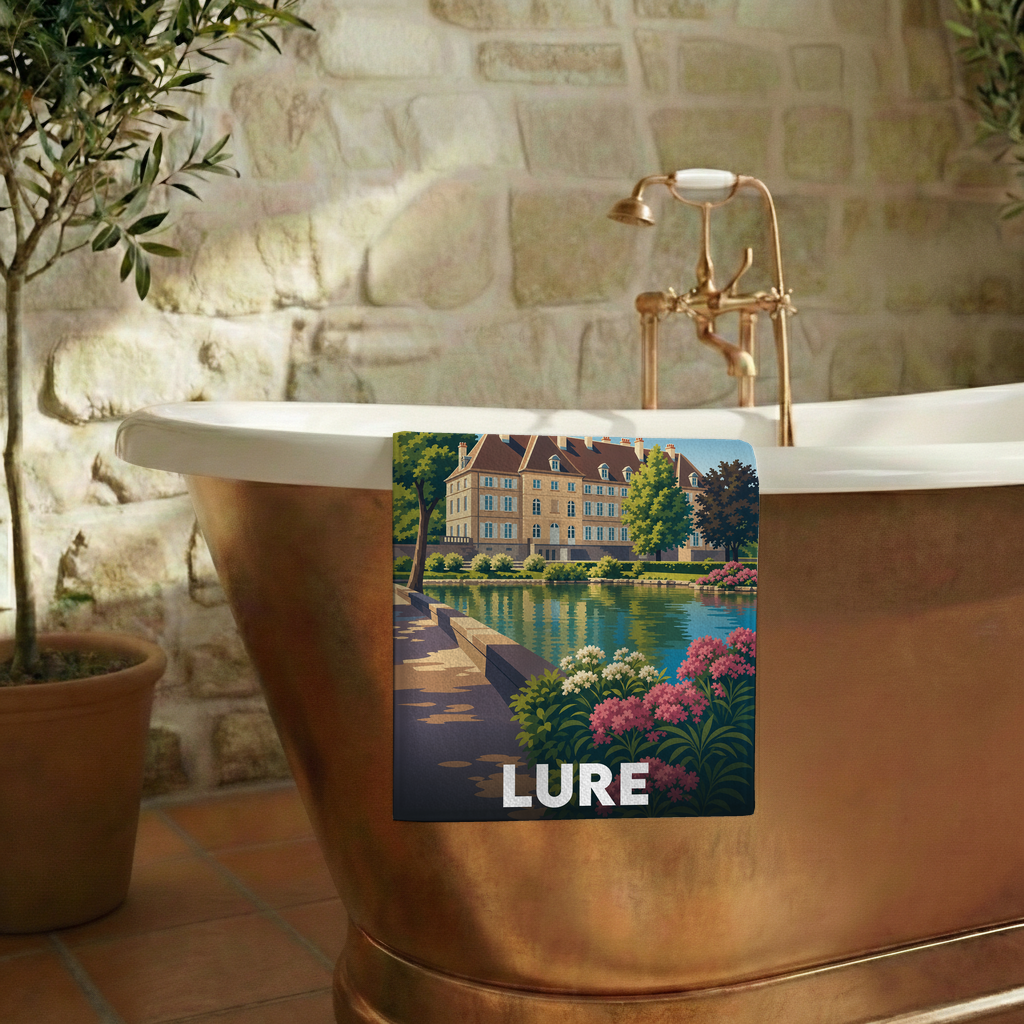 Serviette de bain souvenir de la ville de Lure avec une illustration stylisée.