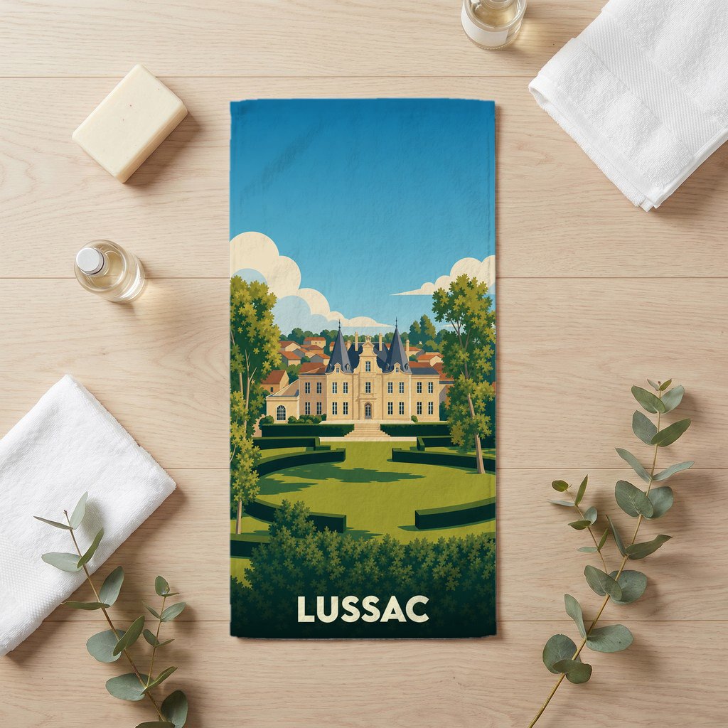 Serviette de bain souvenir de la ville de Lussac avec une illustration stylisée d'un château.