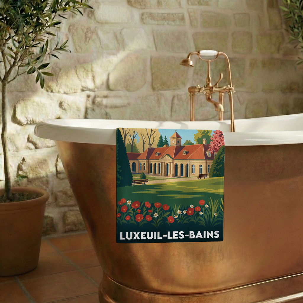 Serviette de bain souvenir de la ville de Luxeuil-les-Bains avec une illustration stylisée de ses thermes.