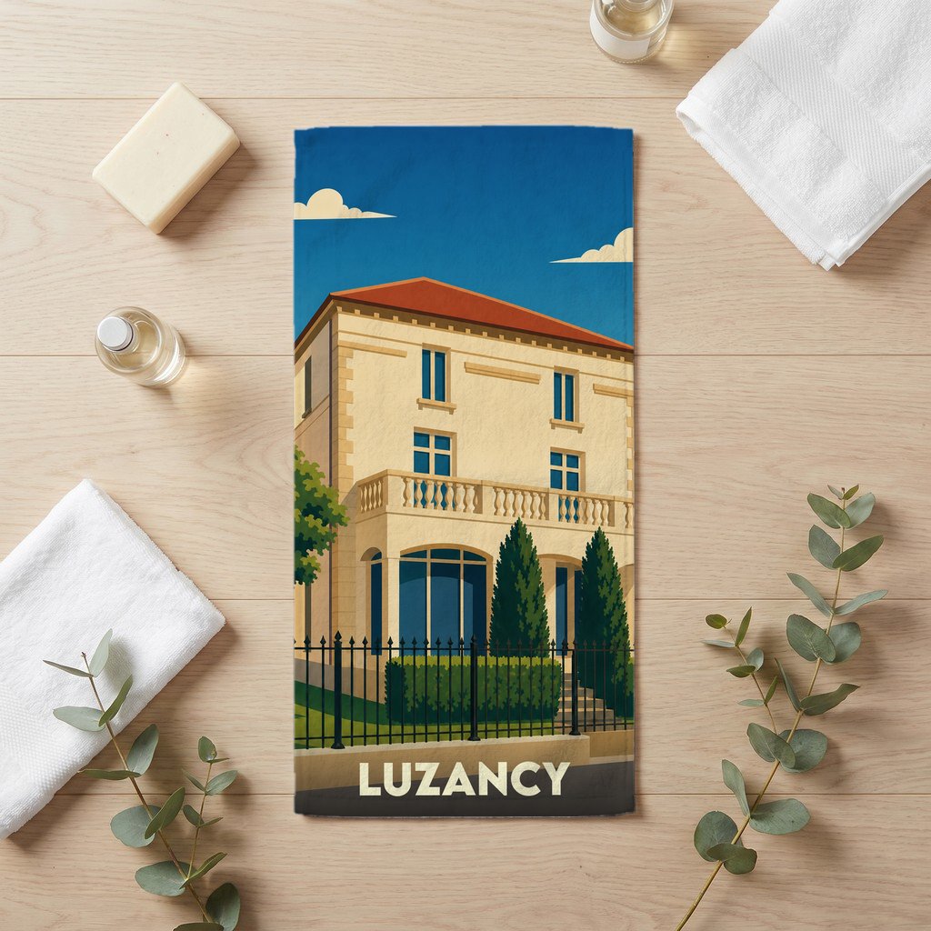 Serviette de bain souvenir de la ville de Luzancy avec une illustration stylisée d'une villa.