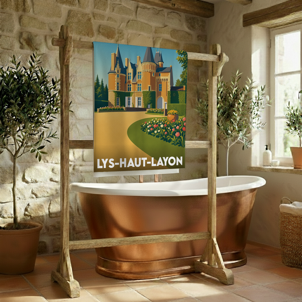 Serviette de bain souvenir de la ville de Lys-Haut-Layon avec une illustration stylisée d'un château.