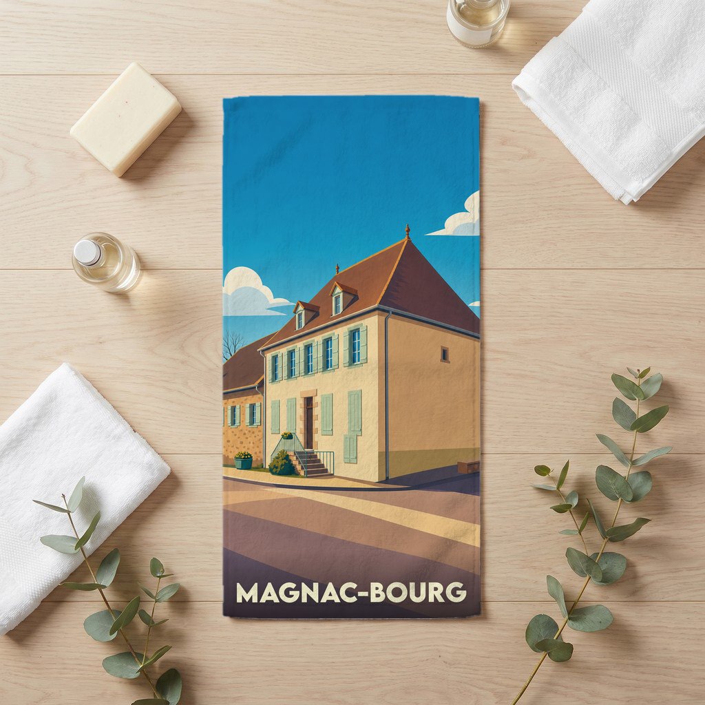 Serviette de bain souvenir de la ville de Magnac-Bourg avec une illustration stylisée.