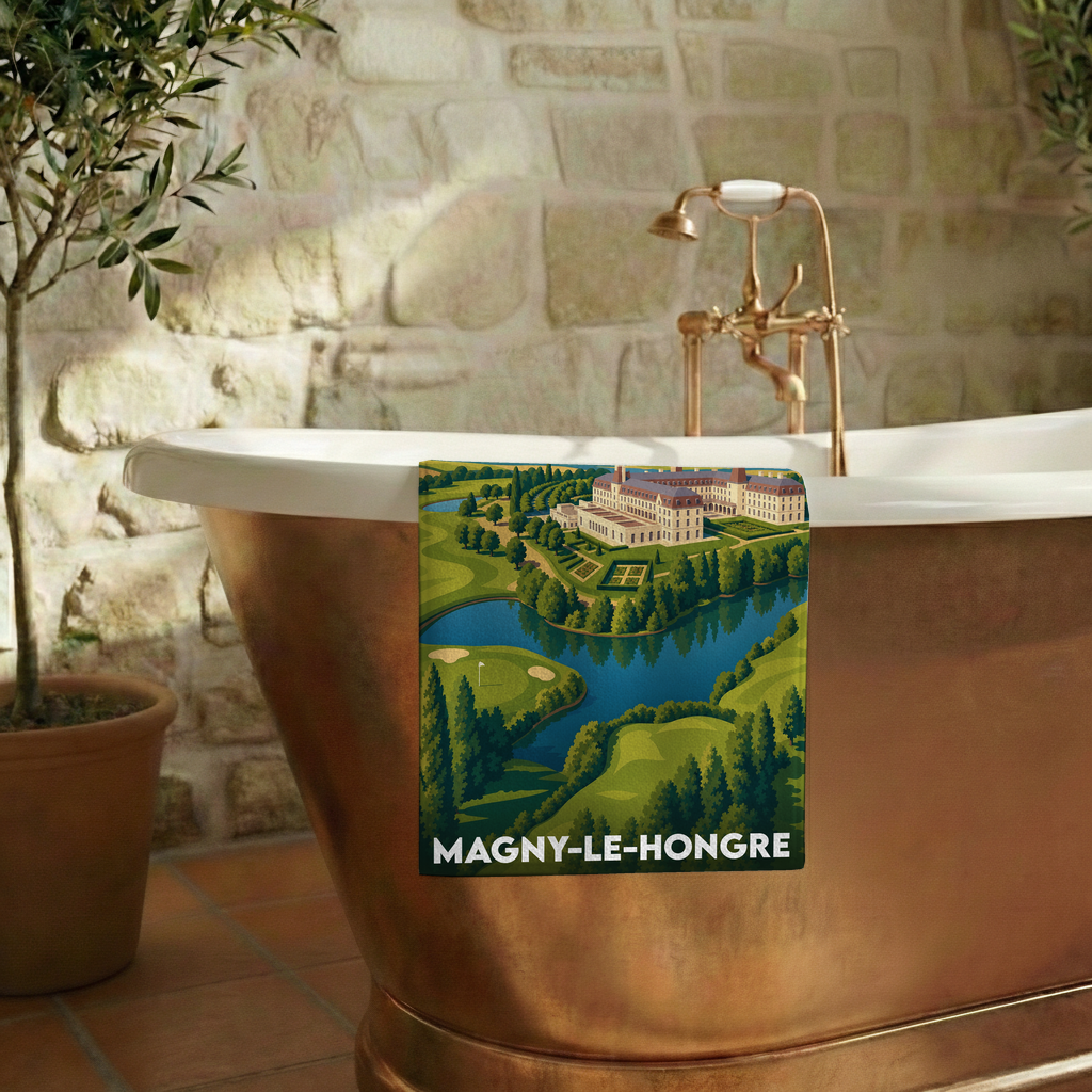 Serviette de bain souvenir de la ville de Magny-le-Hongre avec une illustration stylisée d'un château et d'un golf.