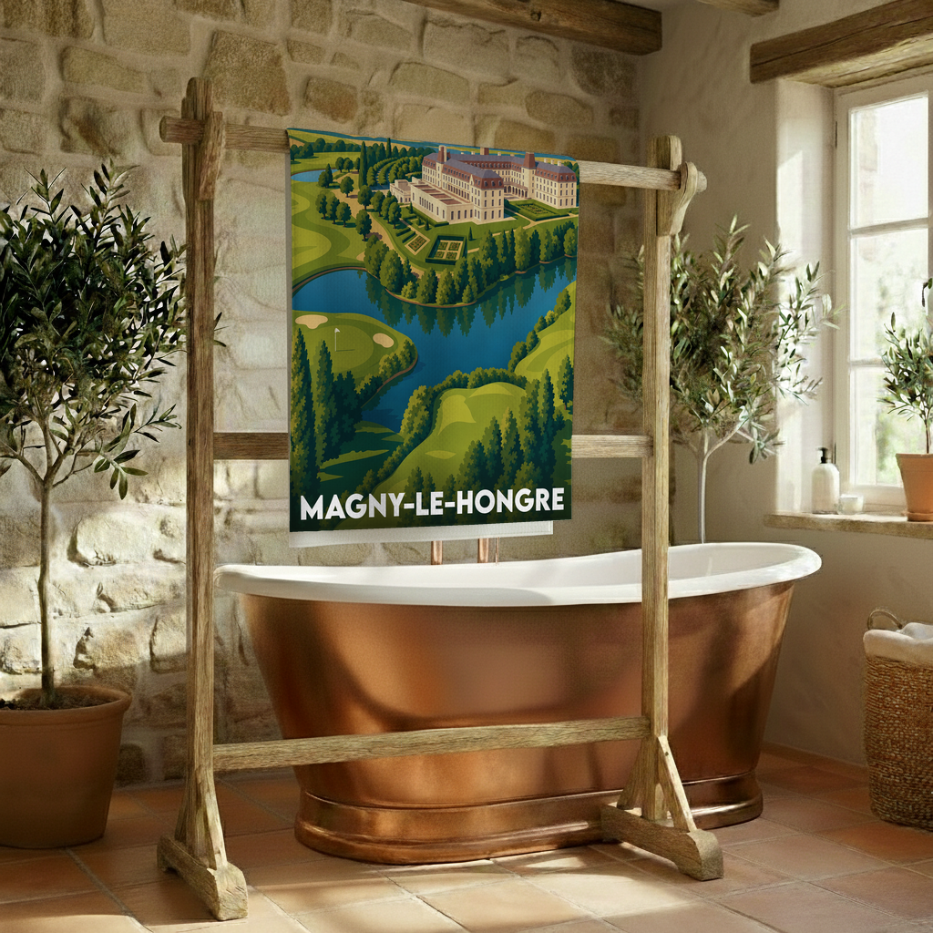 Serviette de bain souvenir de la ville de Magny-le-Hongre illustrée par un paysage stylisé.