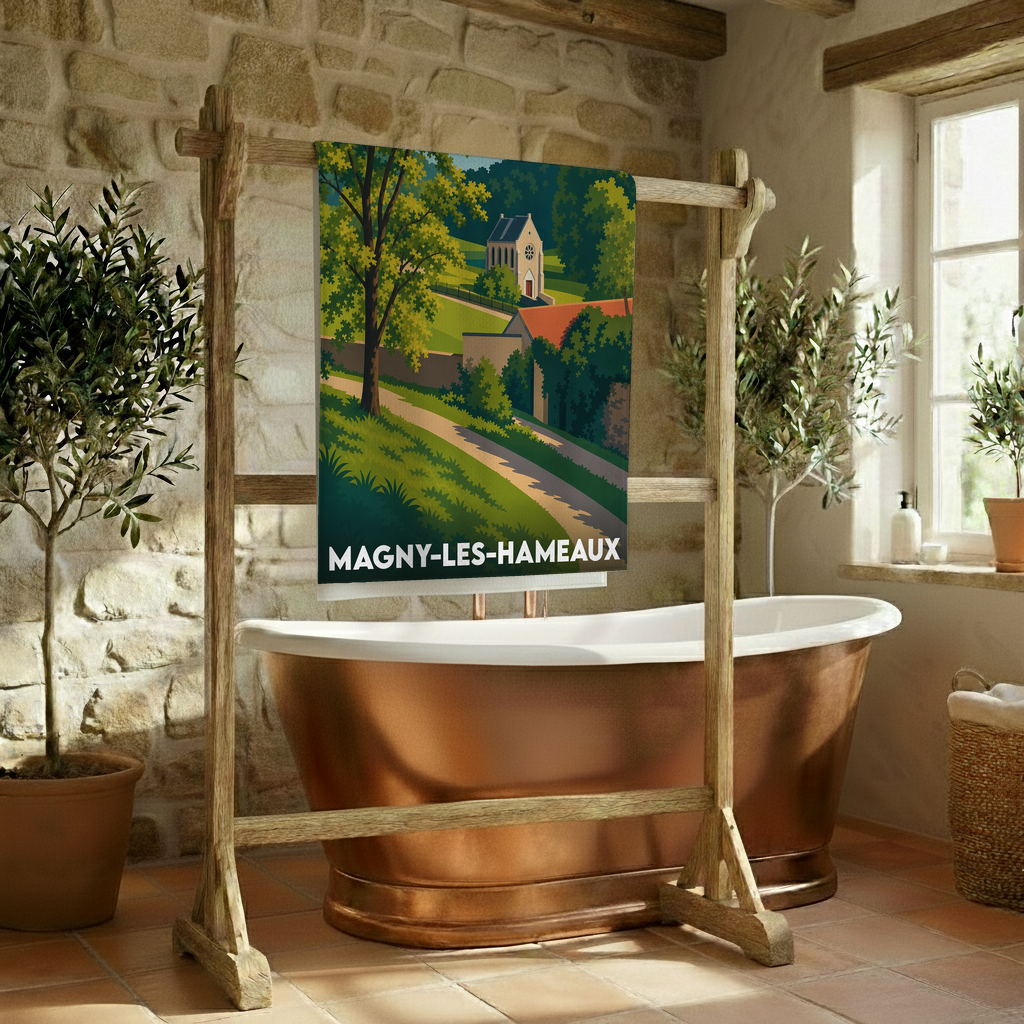 Serviette de bain souvenir de la ville de Magny-les-Hameaux avec une illustration stylisée de son paysage et de son église.