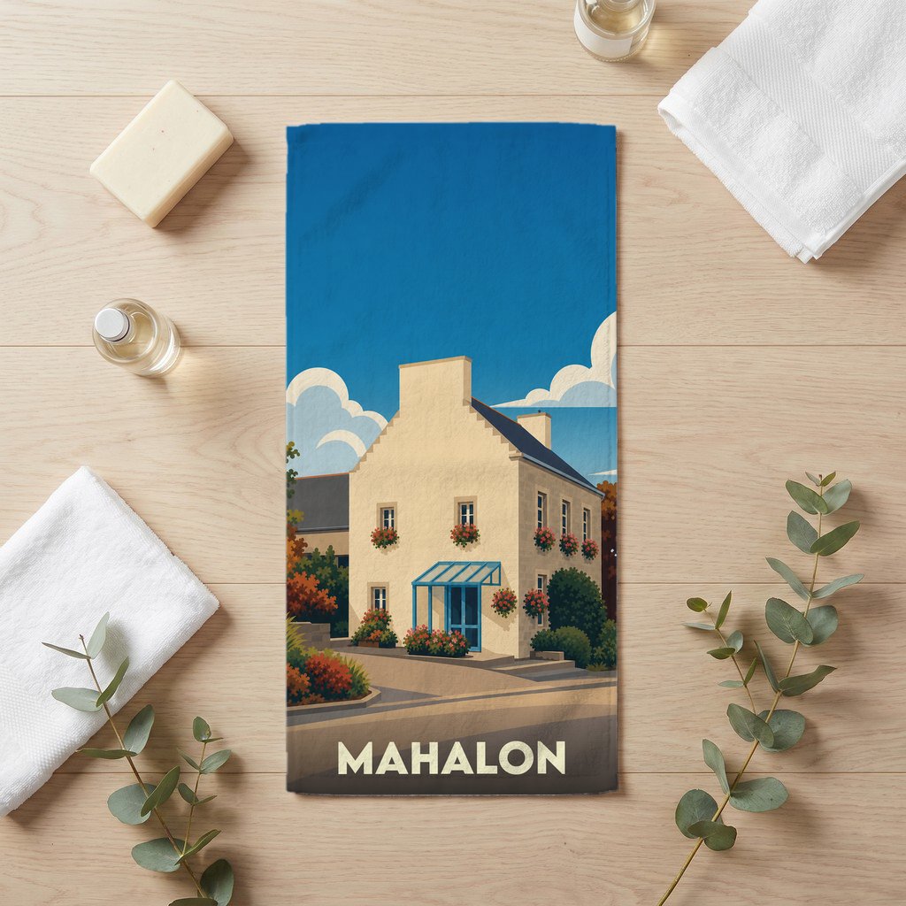 Serviette de bain souvenir de la ville de Mahalon avec une illustration stylisée d'une maison fleurie.