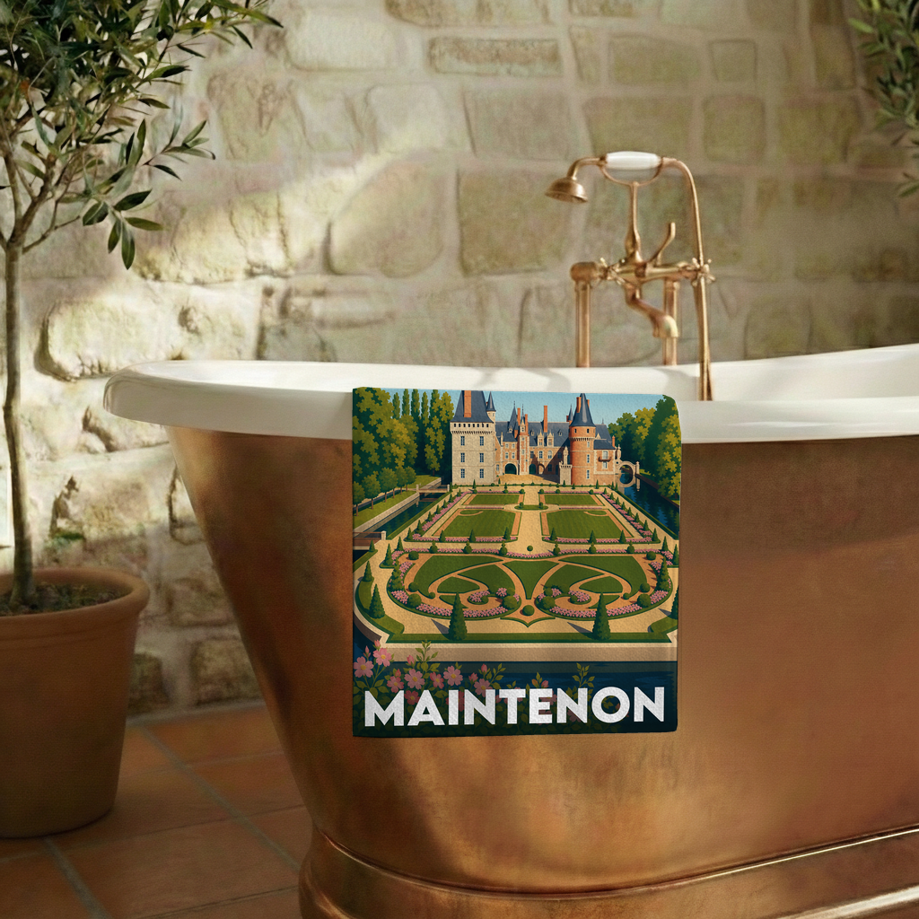 Serviette de bain souvenir de la ville de Maintenon avec une illustration stylisée.