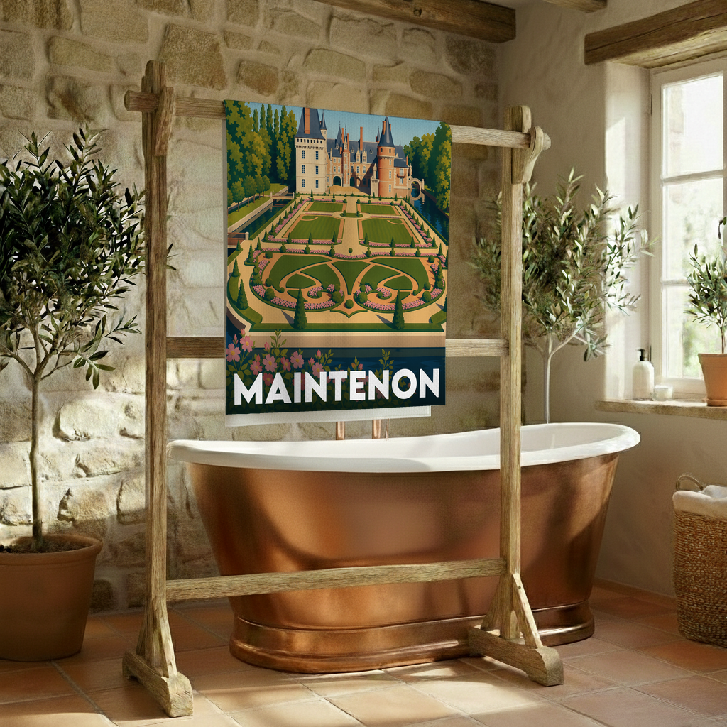 Serviette de bain souvenir de la ville de Maintenon avec une illustration stylisée de son château et de ses jardins.