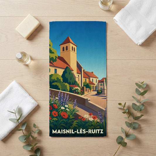 Serviette de bain souvenir de la ville de Maisnil-lès-Ruitz avec une illustration stylisée.