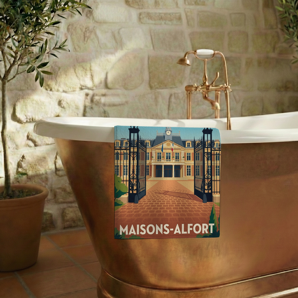 Serviette de bain souvenir de la ville de Maisons-Alfort avec une illustration stylisée de son hôtel de ville.