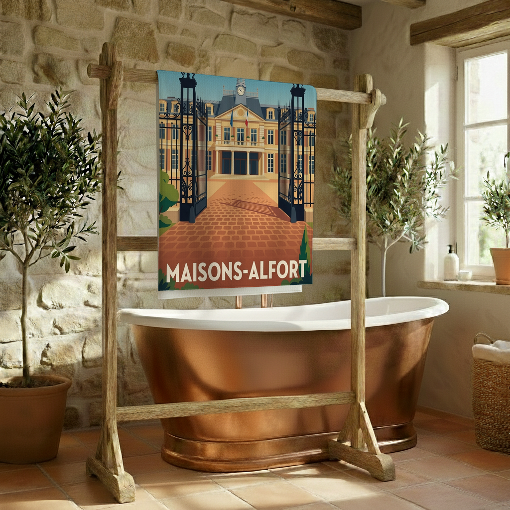 Serviette de bain souvenir de la ville de Maisons-Alfort avec une illustration stylisée.
