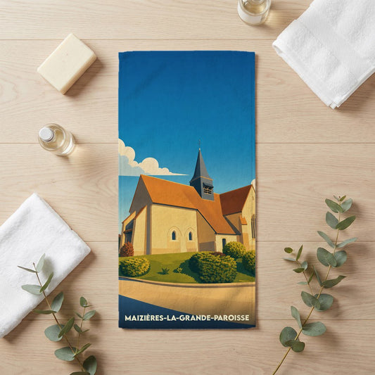 Serviette de bain souvenir de la ville de Maizières-la-Grande-Paroisse avec une illustration stylisée de son église.