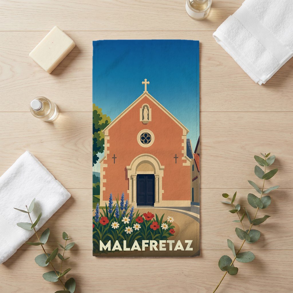 Serviette de bain souvenir de la ville de Malafretaz avec une illustration stylisée de son église.
