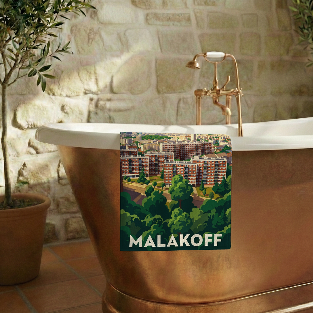 Serviette de bain souvenir de la ville de Malakoff avec une illustration stylisée.