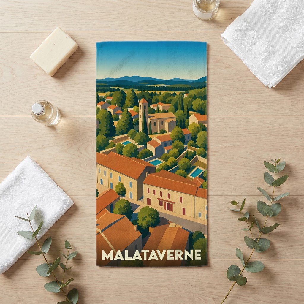 Serviette de bain souvenir de la ville de Malataverne avec une illustration stylisée de son paysage urbain.