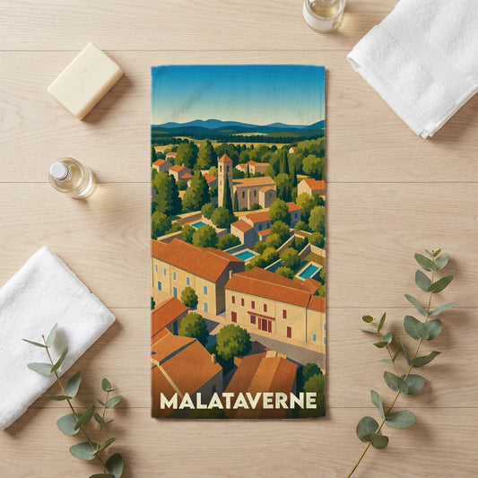 Serviette de bain souvenir de la ville de Malataverne avec une illustration stylisée de son paysage urbain.