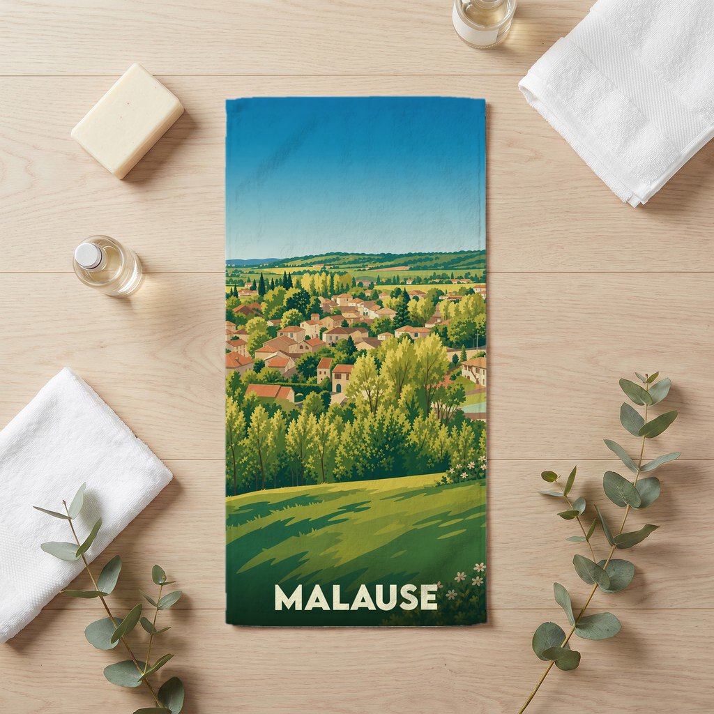 Serviette de bain souvenir de la ville de Malause avec une illustration stylisée de son paysage vallonné.