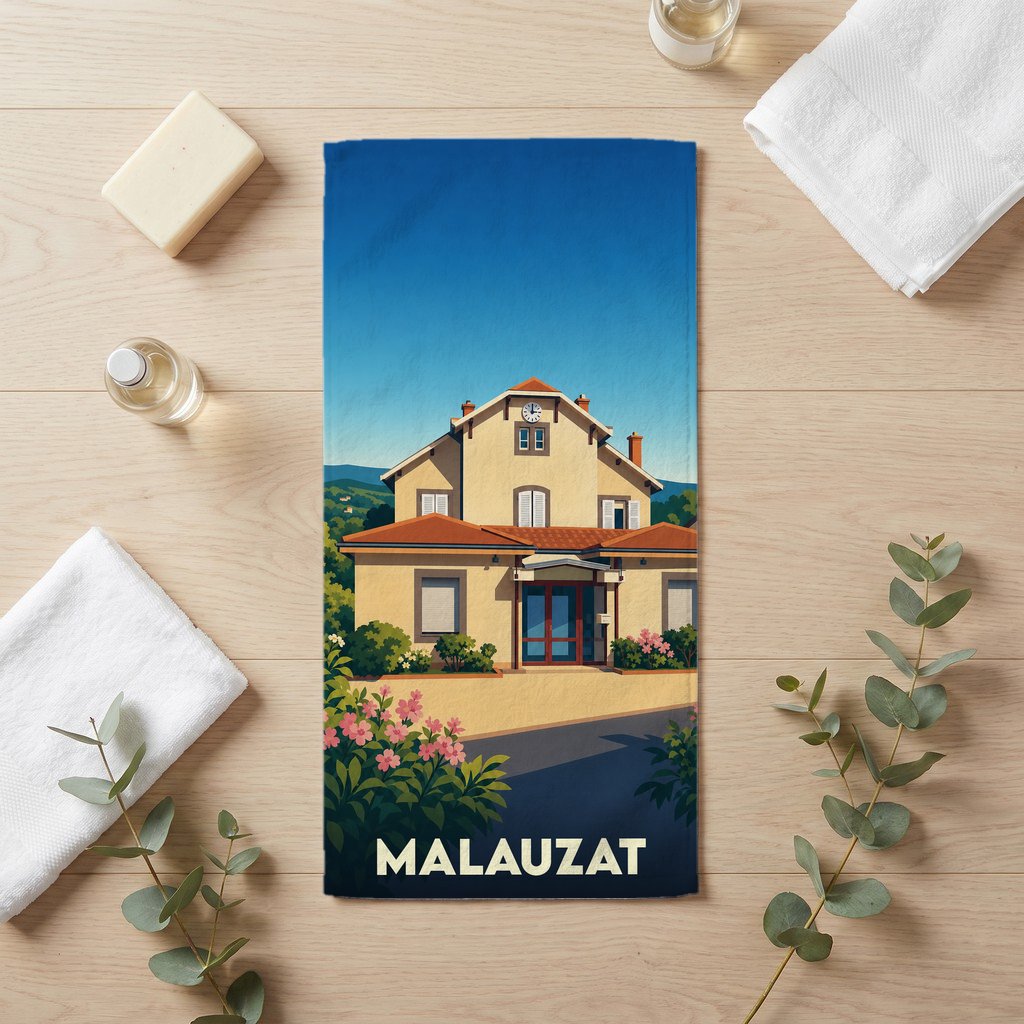 Serviette de bain souvenir de la ville de Malauzat avec une illustration stylisée d'un bâtiment emblématique.