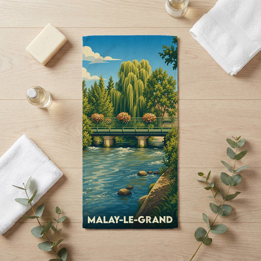 Serviette de bain souvenir de la ville de Malay-le-Grand avec une illustration stylisée d'un pont fleuri sur une rivière.