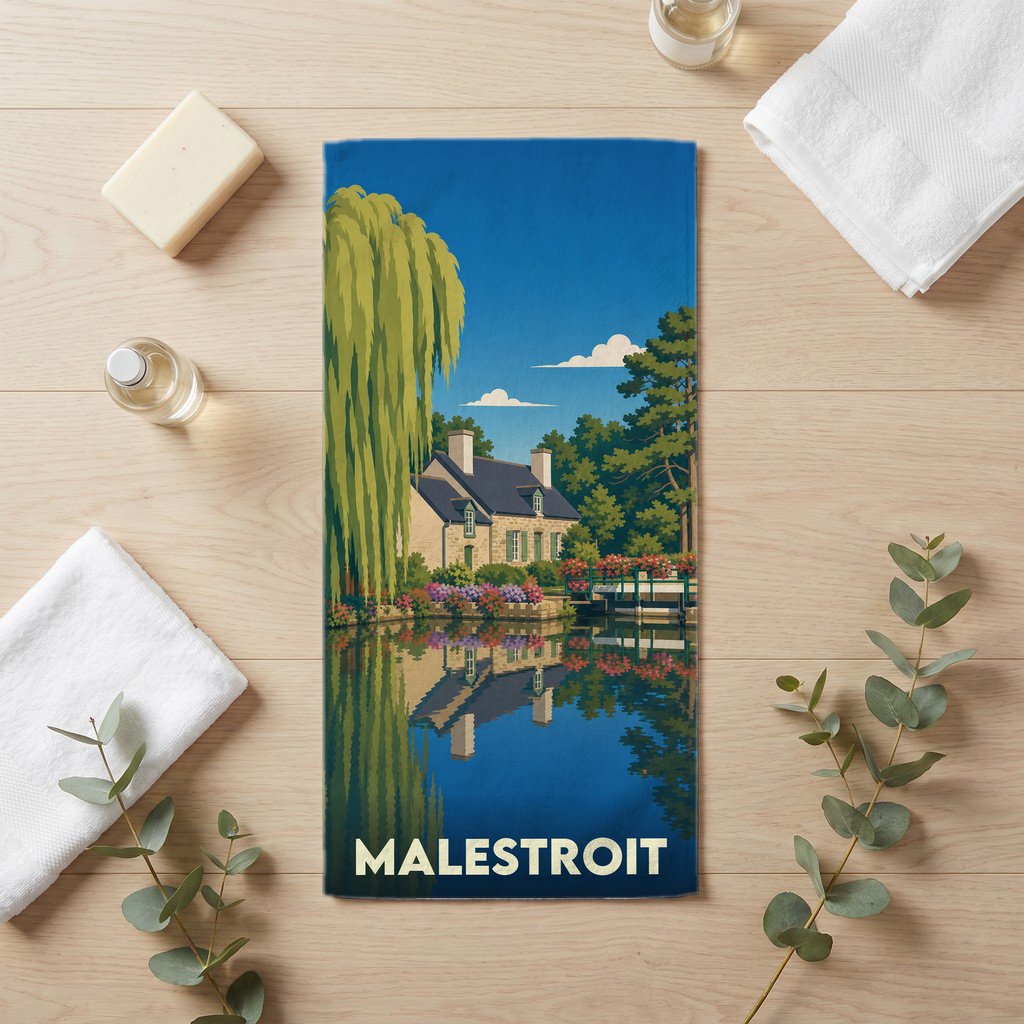 Serviette de bain souvenir de la ville de Malestroit avec une illustration stylisée d'un paysage fluvial.