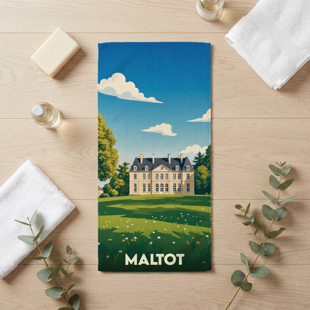 Serviette de bain souvenir de la ville de Maltot avec une illustration stylisée d'un château normand.