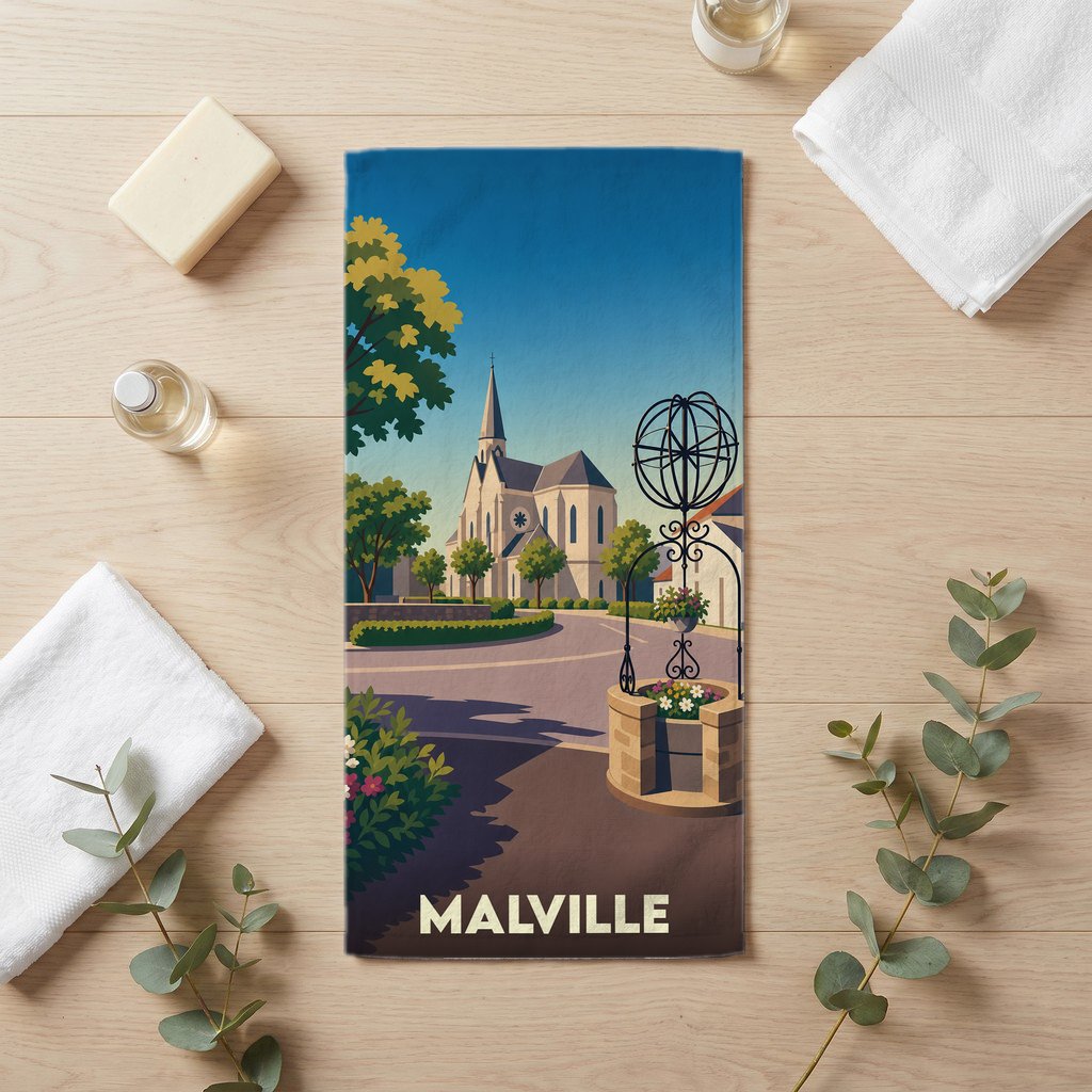 Serviette de bain souvenir de la ville de Malville avec une illustration stylisée.