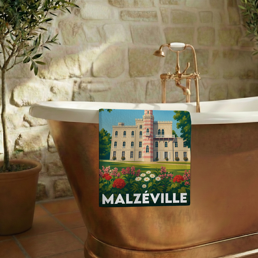 Serviette de bain souvenir de la ville de Malzéville avec une illustration stylisée de son château.