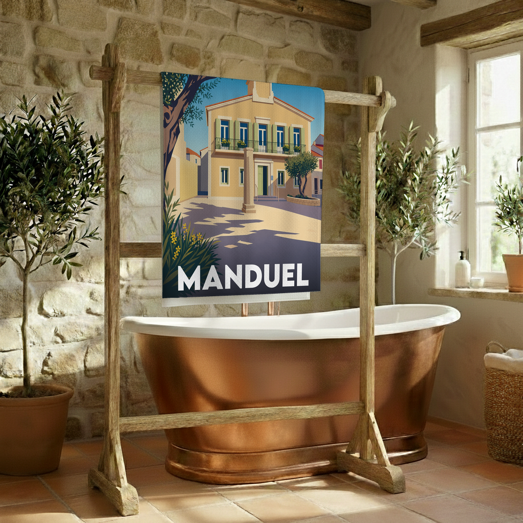 Serviette de bain souvenir de la ville de Manduel avec une illustration stylisée.