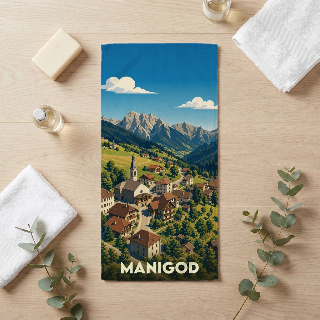 Serviette de bain souvenir de la ville de Manigod avec une illustration stylisée d'un village de montagne.