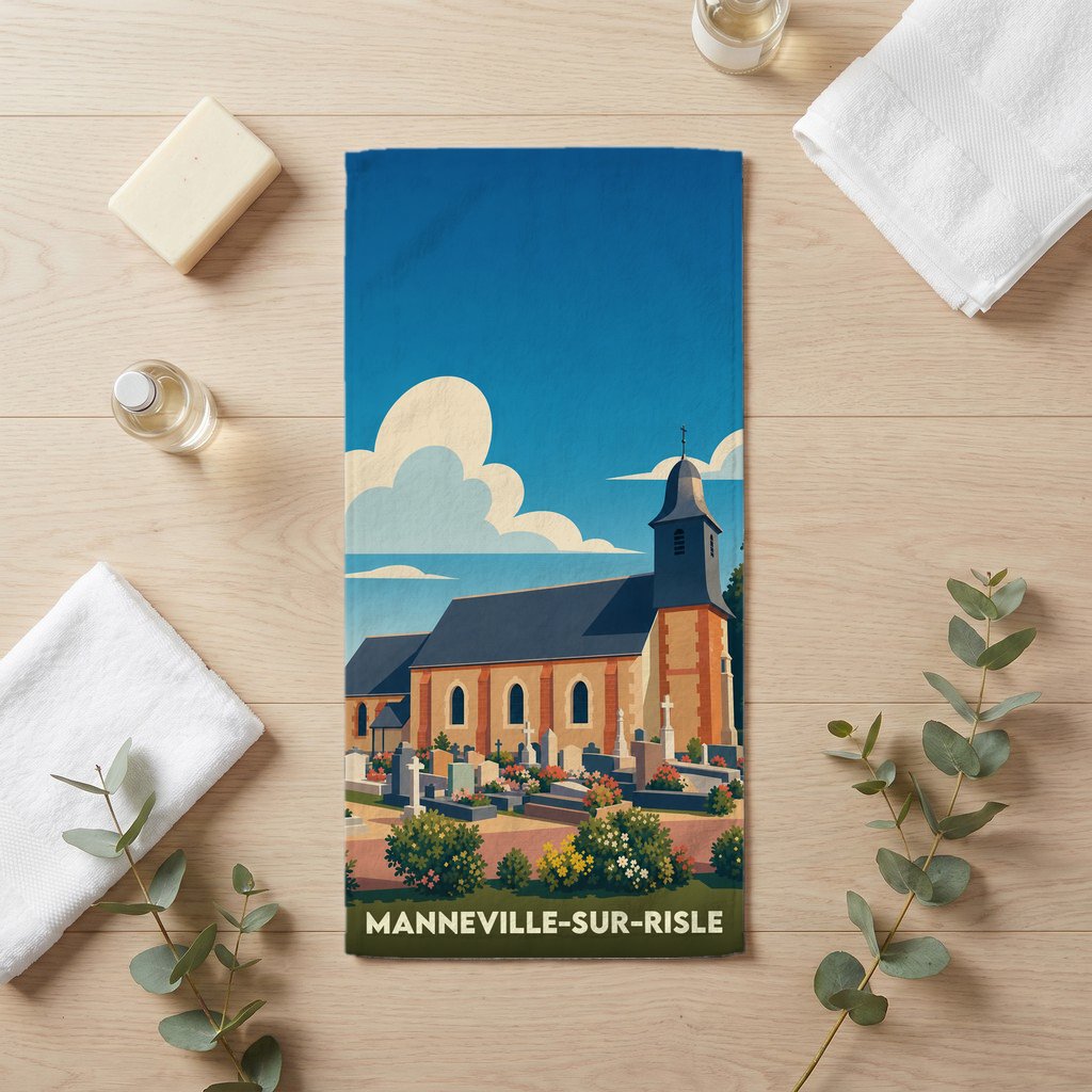Serviette de bain souvenir de Manneville-sur-Risle avec une illustration stylisée de son église et de son cimetière.