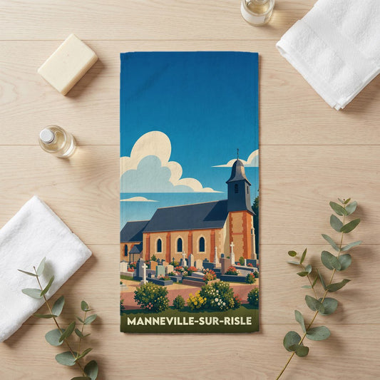Serviette de bain souvenir de Manneville-sur-Risle avec une illustration stylisée de son église et de son cimetière.