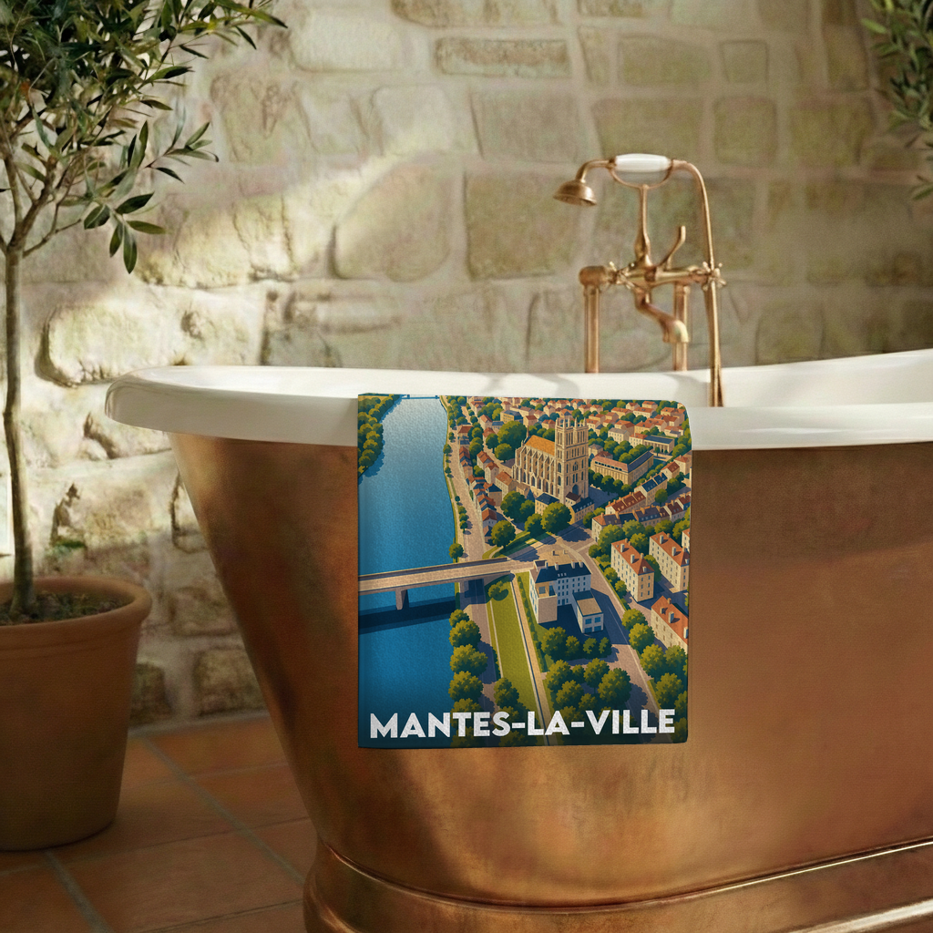 Serviette de bain souvenir de la ville de Mantes-la-Ville avec une illustration stylisée.