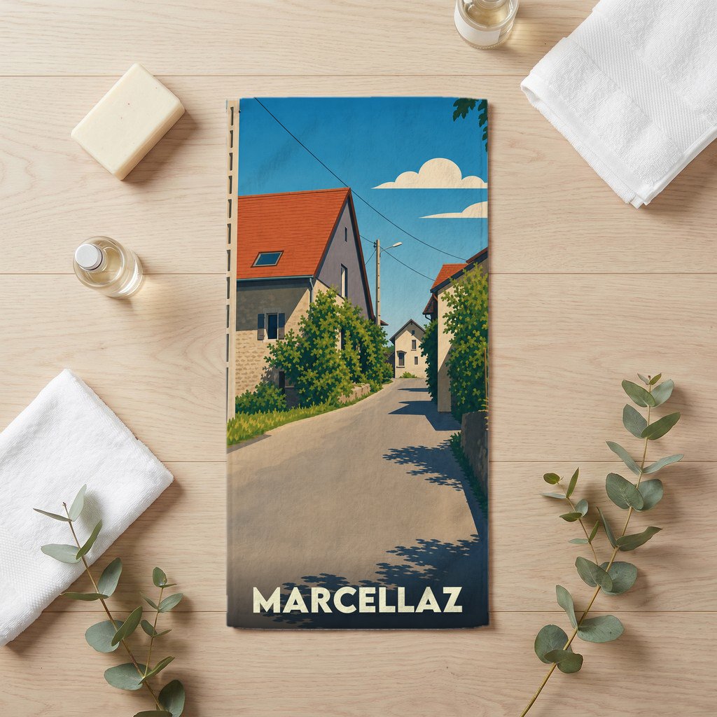 Serviette de bain souvenir de la ville de Marcellaz avec une illustration stylisée d'un paysage urbain.