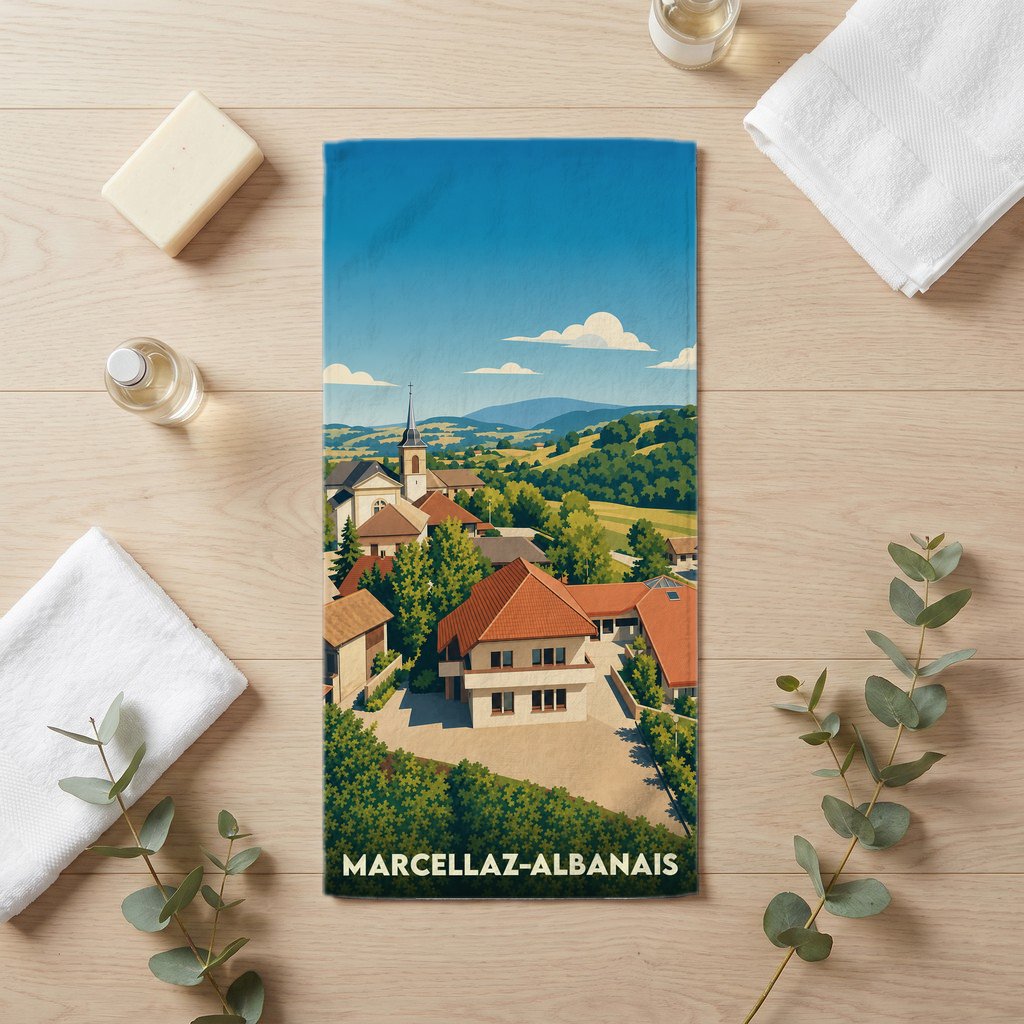 Serviette de bain souvenir de la ville de Marcellaz-Albanais avec une illustration stylisée d'un village de montagne.