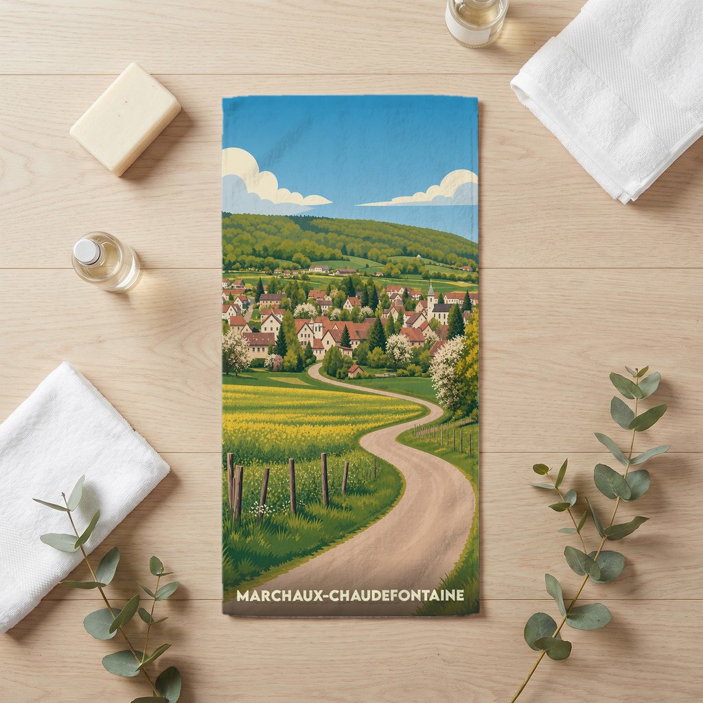 Serviette de bain souvenir de Marchaux-Chaudefontaine illustrant un paysage de village vallonné et fleuri.