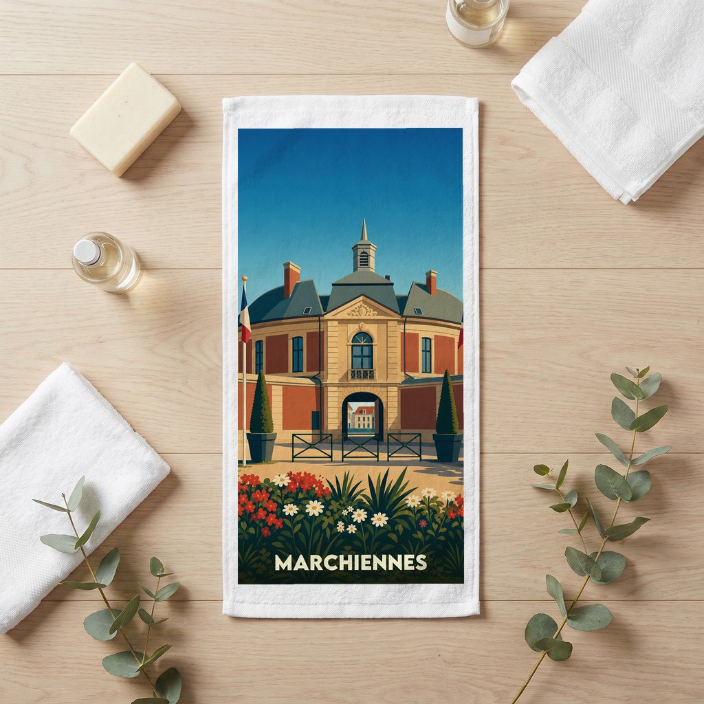 Serviette de bain souvenir de la ville de Marchiennes avec une illustration stylisée.