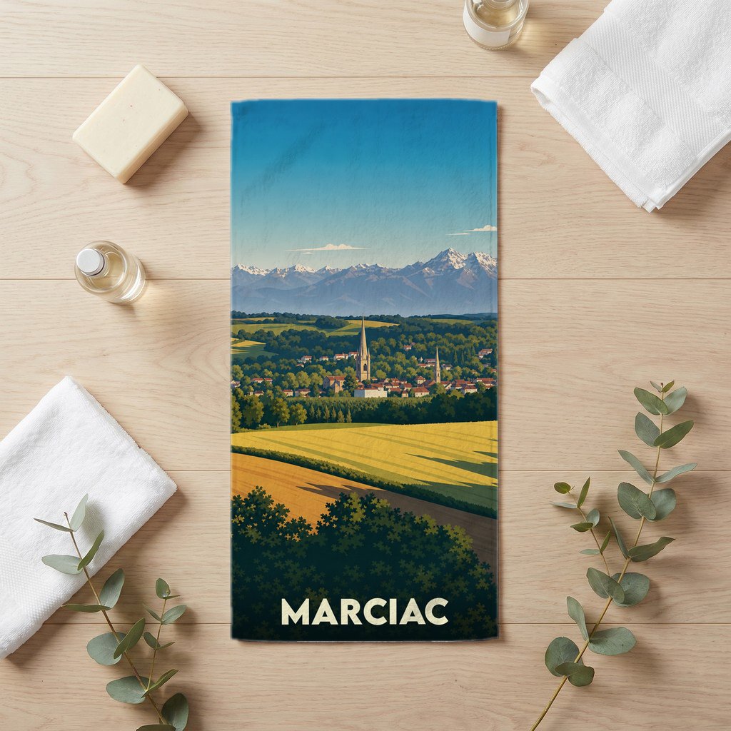 Serviette de bain souvenir de la ville de Marciac ornée d'une illustration stylisée de paysages gersois.