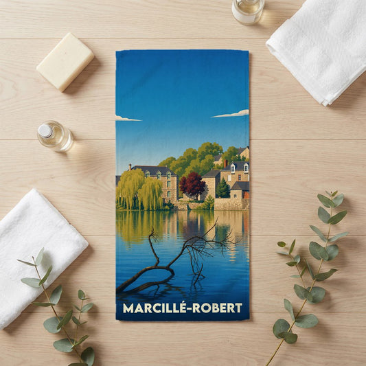 Serviette de bain souvenir de la ville de Marcillé-Robert avec une illustration stylisée d'un paysage au bord de l'eau.
